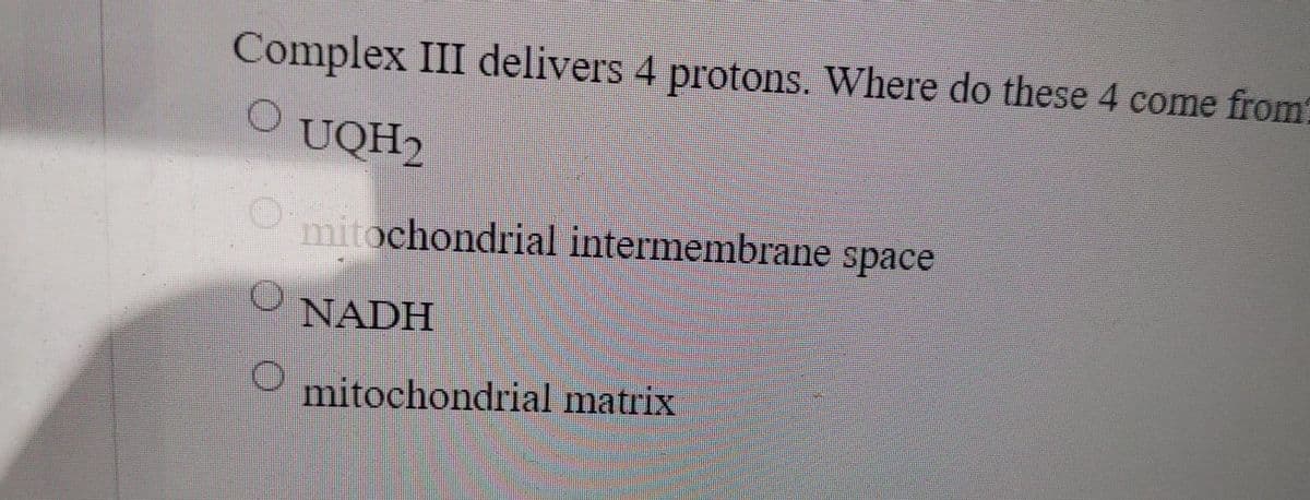 Complex III delivers 4 protons. Where do these 4 come from?
UQH2
mitochondrial intermembrane space
NADH
mitochondrial matrix

