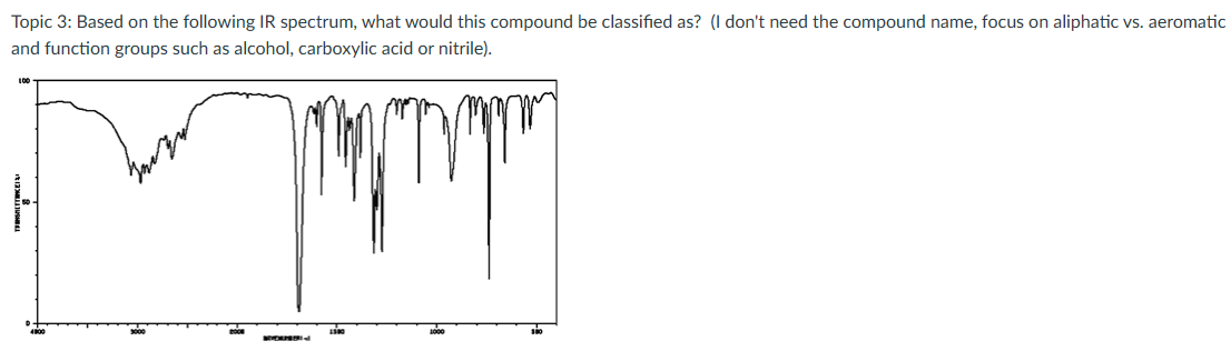 Topic 3: Based on the following IR spectrum, what would this compound be classified as? (I don't need the compound name, focus on aliphatic vs. aeromatic
and function groups such as alcohol, carboxylic acid or nitrile).
100
4800