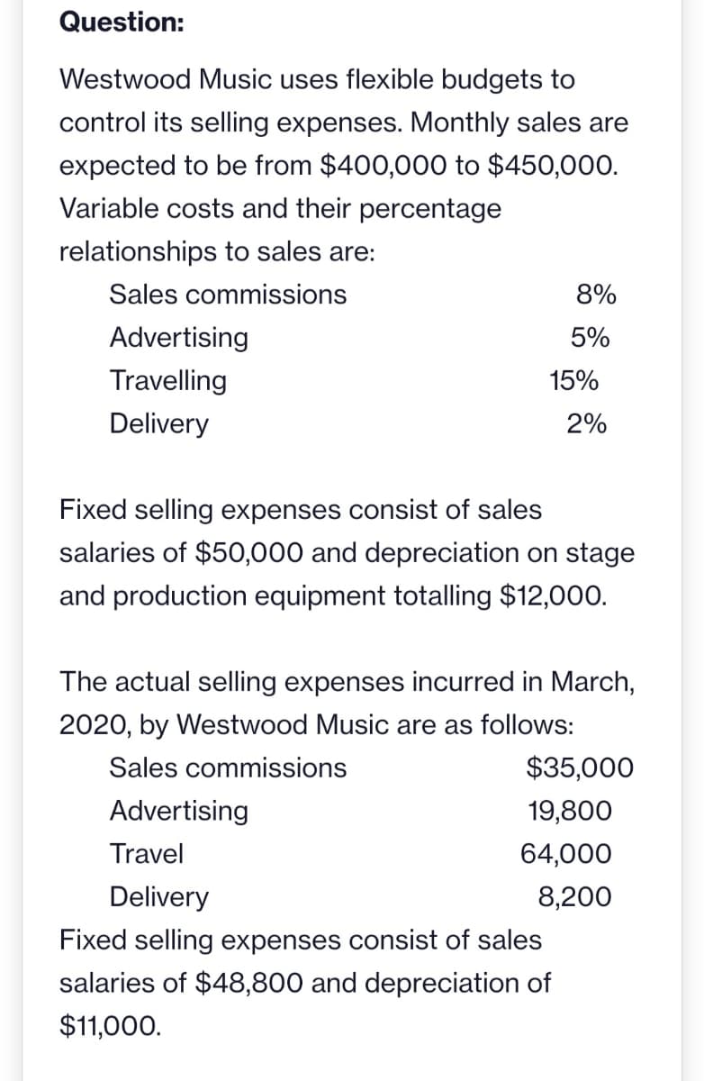 Question:
Westwood Music uses flexible budgets to
control its selling expenses. Monthly sales are
expected to be from $400,000 to $450,000.
Variable costs and their percentage
relationships to sales are:
Sales commissions
8%
5%
Advertising
Travelling
Delivery
2%
Fixed selling expenses consist of sales
salaries of $50,000 and depreciation on stage
and production equipment totalling $12,000.
The actual selling expenses incurred in March,
2020, by Westwood Music are as follows:
Sales commissions
$35,000
Advertising
19,800
Travel
64,000
Delivery
8,200
Fixed selling expenses consist of sales
salaries of $48,800 and depreciation of
$11,000.
15%
