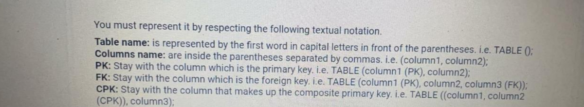 You must represent it by respecting the following textual notation.
Table name: is represented by the first word in capital letters in front of the parentheses. i.e. TABLE ();
Columns name: are inside the parentheses separated by commas. i.e. (column1, column2);
PK: Stay with the column which is the primary key. i.e. TABLE (column1 (PK), column2);
FK: Stay with the column which is the foreign key. i.e. TABLE (column1 (PK), column2, column3 (FK));
CPK: Stay with the column that makes up the composite primary key. i.e. TABLE ((column1, column2
(CPK)), column3);
