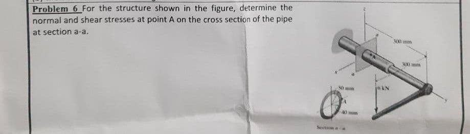 Problem 6 For the structure shown in the figure, determine the
normal and shear stresses at point A on the cross section of the pipe
at section a-a.
50 mm
Section a a
300 mm
300 mm
