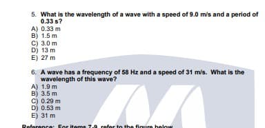 5. What is the wavelength of a wave with a speed of 9.0 m/s and a period of
0.33 s?
A) 0.33 m
B) 1.5 m
C) 3.0 m
D) 13 m
E) 27 m
6. A wave has a frequency of 58 Hz and a speed of 31 m/s. What is the
wavelength of this wave?
A) 1.9 m
B) 3.5 m
C) 0.29 m
D) 0.53 m
E) 31 m
Reference: For items 7.9 rofor to the figure helow
