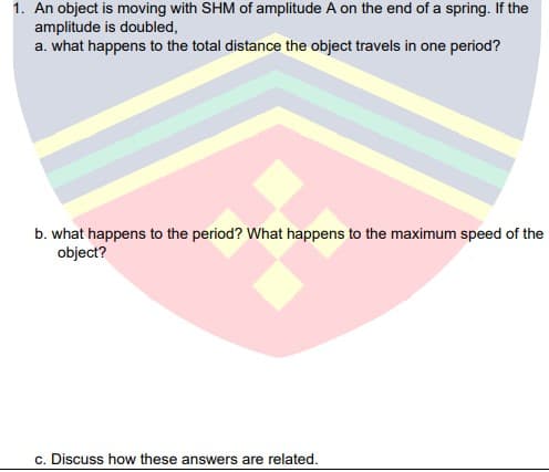 1. An object is moving with SHM of amplitude A on the end of a spring. If the
amplitude is doubled,
a. what happens to the total distance the object travels in one period?
b. what happens to the period? What happens to the maximum speed of the
object?
c. Discuss how these answers are related.
