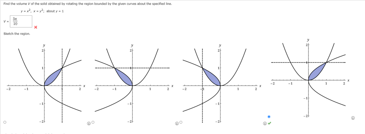 Find the volume V of the solid obtained by rotating the region bounded by the given curves about the specified line.
y = x?, x = y2; about y = 1
V =
10
Sketch the region.
y
y
y
y
2
2-
-2
1
1
2
X
X
.2
-2
1
2
-2
1
2
-1
-1
-1
-2
(i

