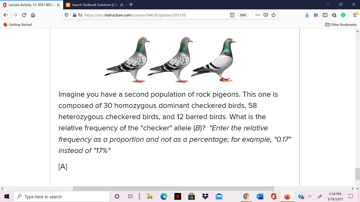 O Lecture Activity 13: SP21 BIOLO X
C Search Textbook Solutions| Che X
+
°, https://osu.instructure.com/courses/94618/quizzes/503150
90%
O Getting Started
A Other Bookmarks
Imagine you have a second population of rock pigeons. This one is
composed of 30 homozygous dominant checkered birds, 58
heterozygous checkered birds, and 12 barred birds. What is the
relative frequency of the "checker" allele (B)? *Enter the relative
frequency as a proportion and not as a percentage; for example, "0.17"
instead of "17%"
[A]
5:58 PM
O Type here to search
w
3/18/2021
(7
