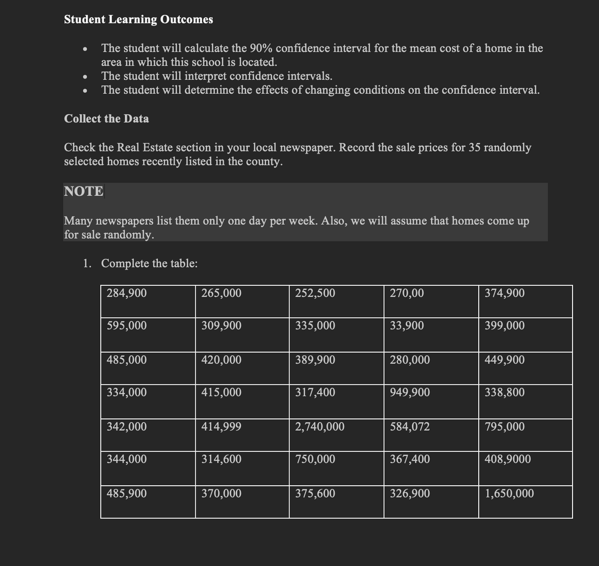 Student Learning Outcomes
The student will calculate the 90% confidence interval for the mean cost of a home in the
area in which this school is located.
●
The student will interpret confidence intervals.
The student will determine the effects of changing conditions on the confidence interval.
Collect the Data
Check the Real Estate section in your local newspaper. Record the sale prices for 35 randomly
selected homes recently listed in the county.
NOTE
Many newspapers list them only one day per week. Also, we will assume that homes come up
for sale randomly.
1. Complete the table:
284,900
595,000
485,000
334,000
342,000
344,000
485,900
265,000
309,900
420,000
415,000
414,999
314,600
370,000
252,500
335,000
389,900
317,400
2,740,000
750,000
375,600
270,00
33,900
280,000
949,900
584,072
367,400
326,900
374,900
399,000
449,900
338,800
795,000
408,9000
1,650,000