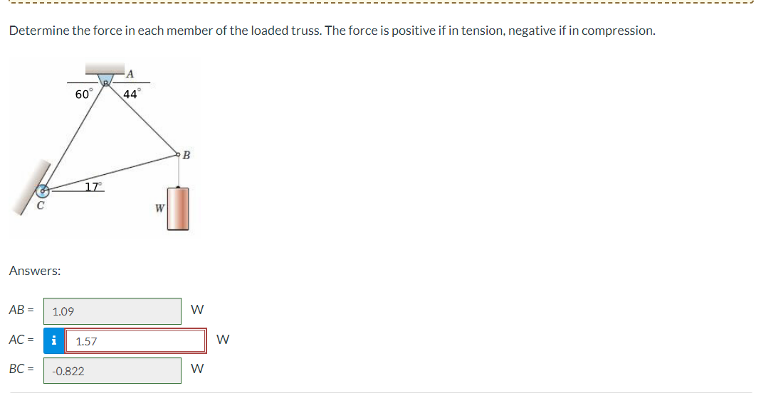 Determine the force in each member of the loaded truss. The force is positive if in tension, negative if in compression.
Answers:
AB=
AC =
&
BC =
1.09
60
17°
i 1.57
-0.822
A
44
W
B
W
W
W