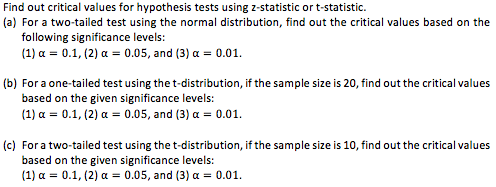 Find out critical values for hypothesis tests using z-statistic or t-statistic.
(a) For a two-tailed test using the normal distribution, find out the critical values based on the
following significance levels:
(1) a = 0.1, (2) a = 0.05, and (3) a = 0.01.
(b) For a one-tailed test using the t-distribution, if the sample size is 20, find out the critical values
based on the given significance levels:
(1) a = 0.1, (2) a = 0.05, and (3) a = 0.01.
(c) For a two-tailed test using thet-distribution, if the sample size is 10, find out the critical values
based on the given significance levels:
(1) a =
0.1, (2) a = 0.05, and (3) a = 0.01.
