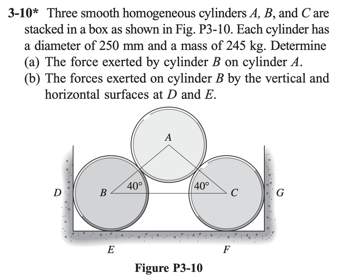 3-10* Three smooth homogeneous cylinders A, B, and Care
stacked in a box as shown in Fig. P3-10. Each cylinder has
a diameter of 250 mm and a mass of 245 kg. Determine
(a) The force exerted by cylinder B on cylinder A.
(b) The forces exerted on cylinder B by the vertical and
horizontal surfaces at D and E.
D
4
B
A
E
40°
A
40°
Figure P3-10
F
с
G