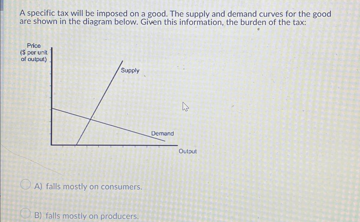 A specific tax will be imposed on a good. The supply and demand curves for the good
are shown in the diagram below. Given this information, the burden of the tax:
Price
($ per unit
of output)
Supply
Demand
Output
O A) falls mostly on consumers.
B) falls mostly on producers.
