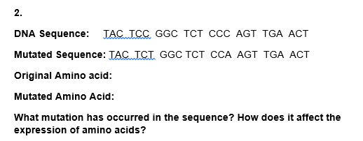 2.
DNA Sequence: TAC TCC GGC TCT CcC AGT TGA ACT
Mutated Sequence: TAC ICI GGC TCT CCA AGT TGA ACT
Original Amino acid:
Mutated Amino Acid:
What mutation has occurred in the sequence? How does it affect the
expression of amino acids?
