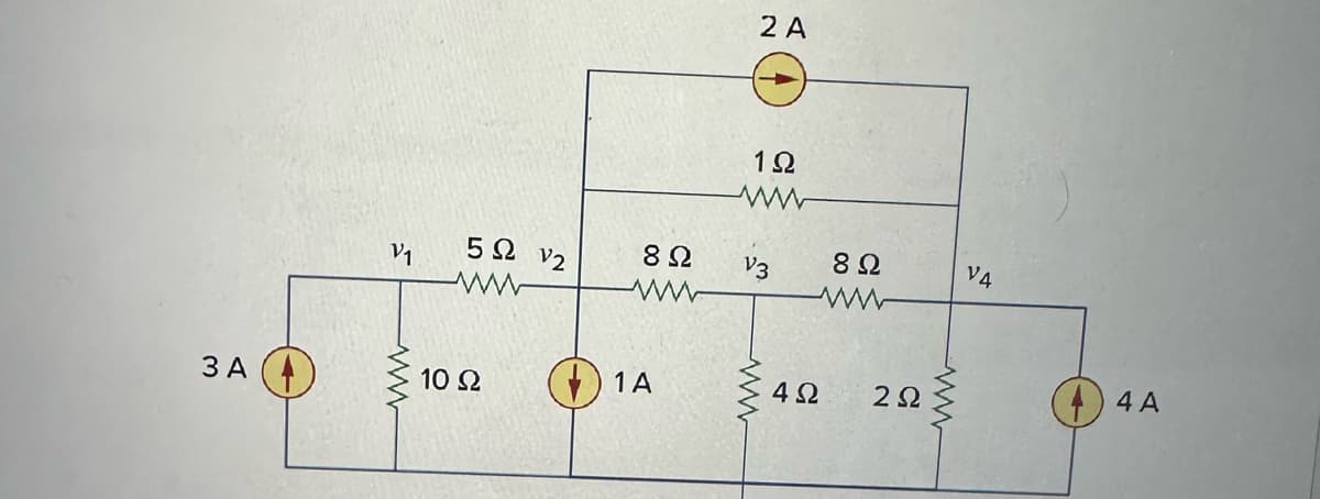 3A
ν
5Ω
www
10 Ω
V2
8Ω
14
2A
1Ω
ww
V3
Μ
8 Ω
4Ω 2Ω
www
V4
4Α