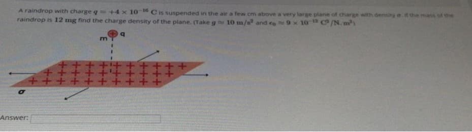 A raindrop with charge q= +4 x 10 10 Cis suspended in the air a few cm above a very large plane of charge with density a it the mass of the
raindrop is 12 mg find the charge density of the plane. (Take g 10 m/s and eoN9x 10 12 /N. m)
Answer:
3.
++
+++
