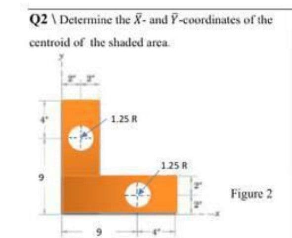 Q2 \ Determine the X- and Y-coordinates of the
centroid of the shaded area.
1.25 R
125 R
Figure 2
