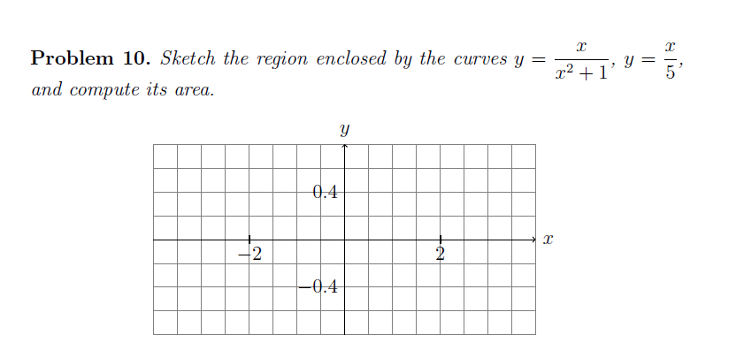 Problem 10. Sketch the region enclosed by the curves y =
x² +1'
and compute its area.
0.4
-0.4
