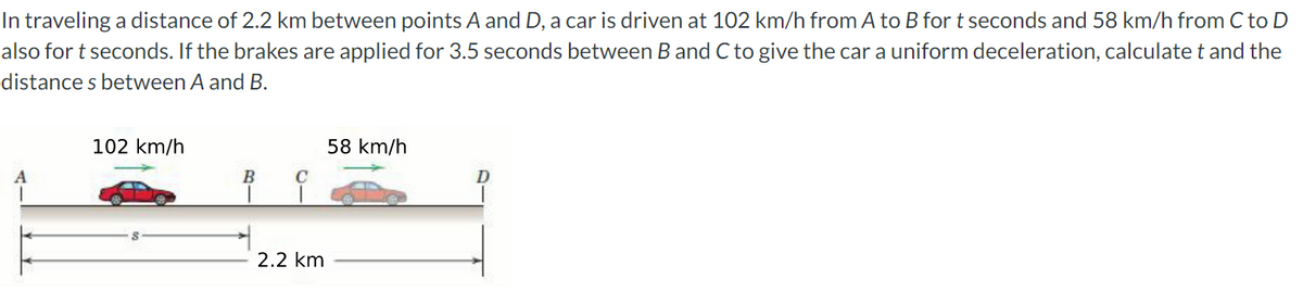 In traveling a distance of 2.2 km between points A and D, a car is driven at 102 km/h from A to B for t seconds and 58 km/h from C to D
also for t seconds. If the brakes are applied for 3.5 seconds between B and C to give the car a uniform deceleration, calculate t and the
distance s between A and B.
102 km/h
58 km/h
B
C
2.2 km
