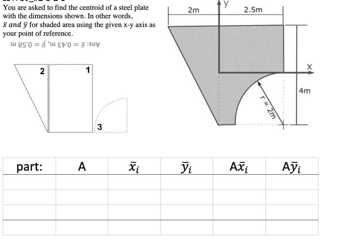 You are asked to find the centroid of a steel plate
with the dimensions shown. In other words,
x and y for shaded area using the given x-y axis as
your point of reference.
2m
y
2.5m
u 89'0 =
2
'40=x:
part:
A
3
r = 2m
4m
או
Xi
Vi
Axi
Ayi