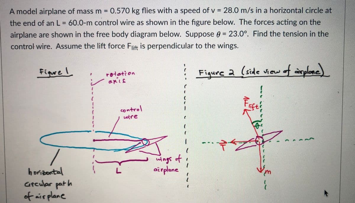 A model airplane of mass m = 0.570 kg flies with a speed of v = 28.0 m/s in a horizontal circle at
the end of an L = 60.0-m control wire as shown in the figure below. The forces acting on the
%3D
airplane are shown in the free body diagram below. Suppose 0 = 23.0°. Find the tension in the
%3D
control wire. Assume the lift force Fift is perpendicular to the wings.
Figre I
rotation
axis
Figure a (side view
of airplene)
Fages
control
wire
..
wings of
airplane
horizontal
Gtcular pat h
of airplane
