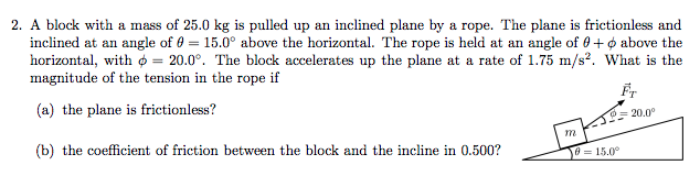 2. A block with a mass of 25.0 kg is pulled up an inclined plane by a rope. The plane is frictionless and
inclined at an angle of 0 = 15.0° above the horizontal. The rope is held at an angle of 0+¢ above the
horizontal, with = 20.0°. The block accelerates up the plane at a rate of 1.75 m/s?. What is the
magnitude of the tension in the rope if
(a) the plane is frictionless?
20.0°
(b) the coefficient of friction between the block and the incline in 0.500?
0 = 15.0°
