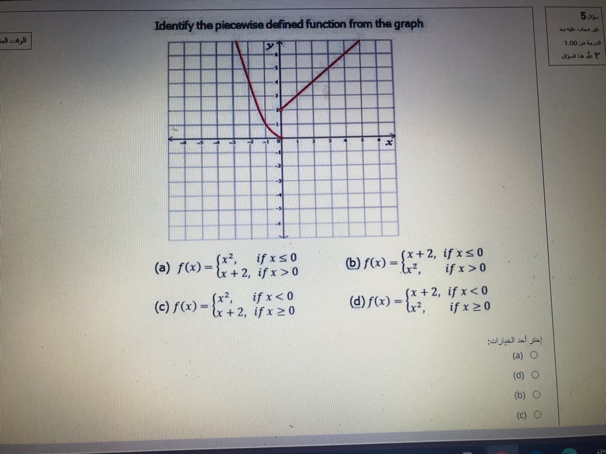 Identify the piecewise defined function from the graph
1.00 ja ia
(x+2, if xs0
if x>0
(a) f(x) =x+ 2, if x>0
Sx²,
if xs 0
(b) f(x) =
%3D
(d) f(x) = {* +2, if x< 0
if x 20
(c) f(x) ={x + 2, if x 20
(x²,
if x< 0
إختر أحد الخيارات
(a) O
(d) O
(b) O
(c) O
