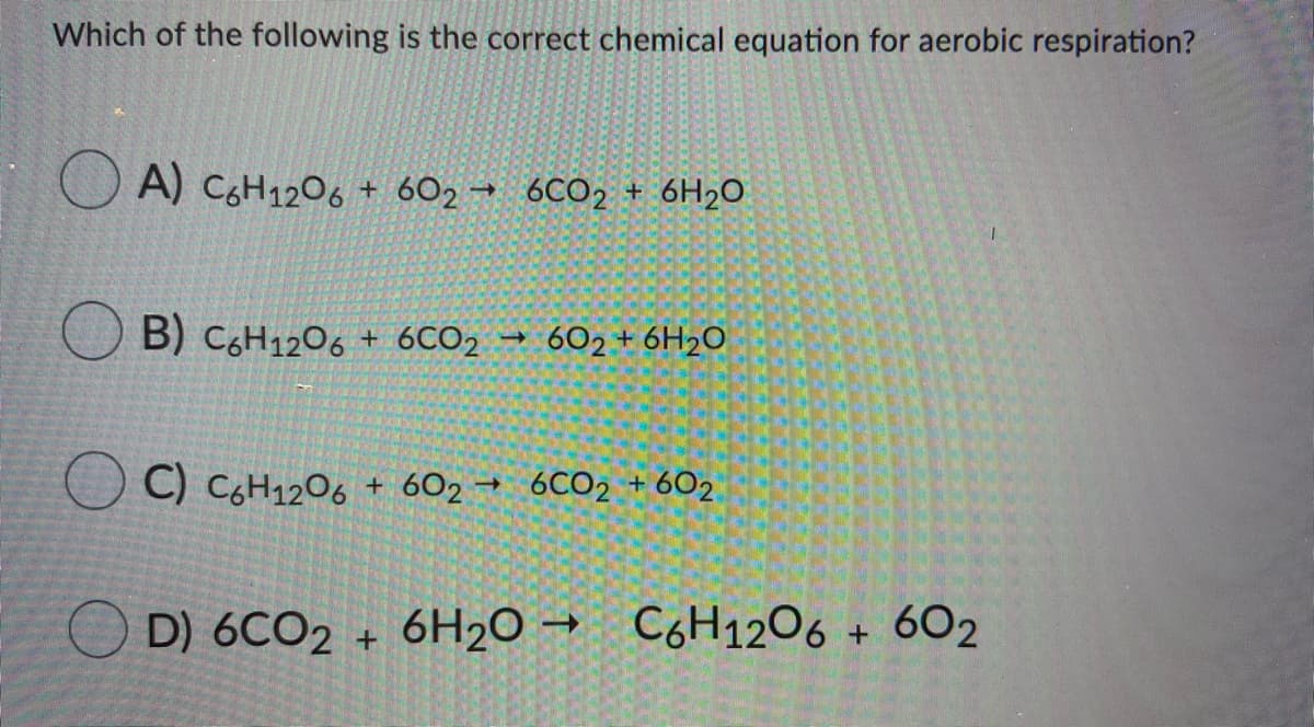 Which of the following is the correct chemical equation for aerobic respiration?
O A) C6H1206 + 602 → 6CO2 + 6H2O
B) C6H1206 + 6CO2 → 602 + 6H2O
C) C6H1206 + 6O2 → 6CO2 + 602
D) 6CO2 + 6H2O → C6H1206 + 6O2
