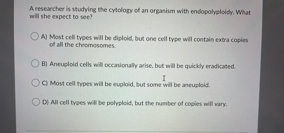 A researcher is studying the cytology of an organism with endopolyploidy. What
will she expect to see?
A) Most cell types will be diploid, but one cell type will contain extra copies
of all the chromosomes.
O B) Aneuploid cells will occasionally arise, but will be quickly eradicated.
C) Most cell types will be euploid, but some will be aneuploid.
D) All cell types will be polyploid, but the number of copies will vary.
