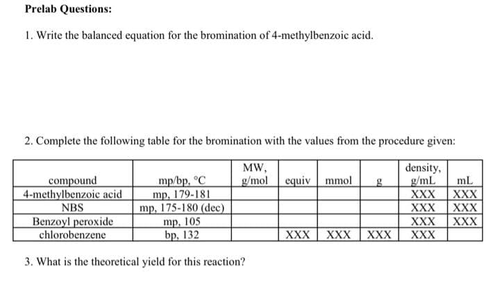 Prelab Questions:
1. Write the balanced equation for the bromination of 4-methylbenzoic acid.
2. Complete the following table for the bromination with the values from the procedure given:
density,
g/mL
XXX
XXX
MW,
mp/bp, °C
mp, 179-181
mp, 175-180 (dec)
mp, 105
bp, 132
equiv mmol
compound
4-methylbenzoic acid
NBS
Benzoyl peroxide
chlorobenzene
g/mol
mL
XXX
XXX
XXX
XXX
XXX
XXX
XXX
XXX
3. What is the theoretical yield for this reaction?
