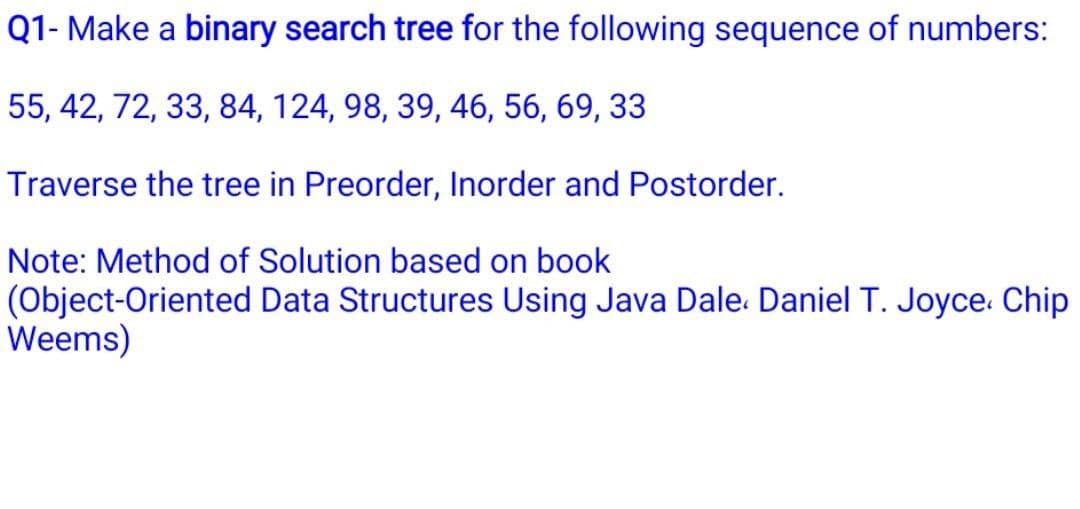 Q1- Make a binary search tree for the following sequence of numbers:
55, 42, 72, 33, 84, 124, 98, 39, 46, 56, 69, 33
Traverse the tree in Preorder, Inorder and Postorder.
Note: Method of Solution based on book
(Object-Oriented Data Structures Using Java Dale. Daniel T. Joyce. Chip
Weems)
