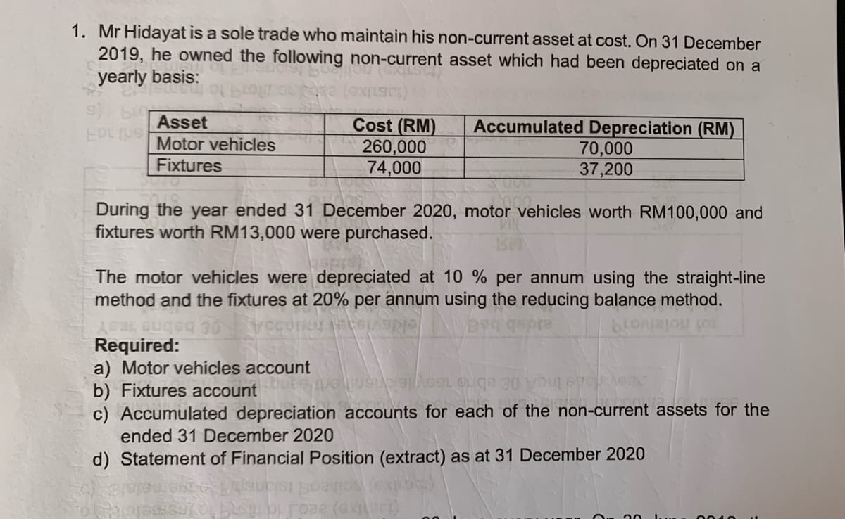 1. Mr Hidayat is a sole trade who maintain his non-current asset at cost. On 31 December
2019, he owned the following non-current asset which had been depreciated on a
yearly basis:
Asset
Cost (RM)
260,000
74,000
Accumulated Depreciation (RM)
70,000
37,200
Motor vehicles
Fixtures
During the year ended 31 December 2020, motor vehicles worth RM100,000 and
fixtures worth RM13,000 were purchased.
The motor vehicles were depreciated at 10 % per annum using the straight-line
method and the fixtures at 20% per annum using the reducing balance method.
devistel
Required:
a) Motor vehicles account
b) Fixtures account
c) Accumulated depreciation accounts for each of the non-current assets for the
ended 31 December 2020
d) Statement of Financial Position (extract) as at 31 December 2020
0010
