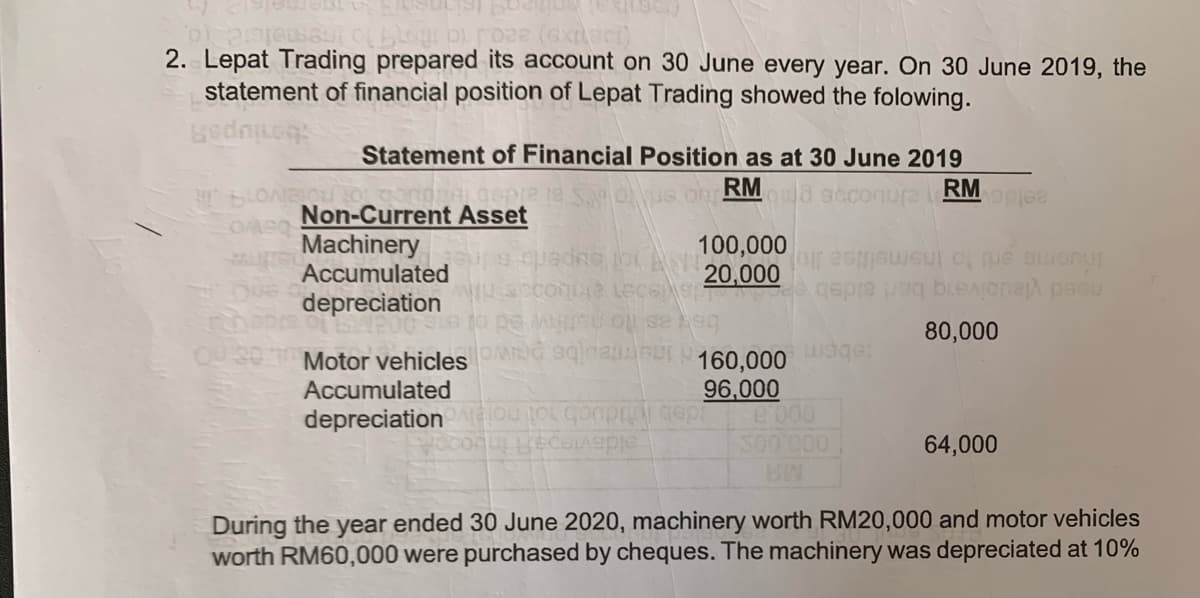 2. Lepat Trading prepared its account on 30 June every year. On 30 June 2019, the
statement of financial position of Lepat Trading showed the folowing.
edn
Statement of Financial Position as at 30 June 2019
RM
od scconure te
RM
Non-Current Asset
Machinery
Accumulated
100,000
स
depreciation
bek as to new ed ol
OMO n ur 160,000
80,000
Motor vehicles
Accumulated
96,000
depreciation
300 000
64,000
During the
worth RM60,000 were purchased by cheques. The machinery was depreciated at 10%
year
ended 30 June 2020, machinery worth RM20,000 and motor vehicles
