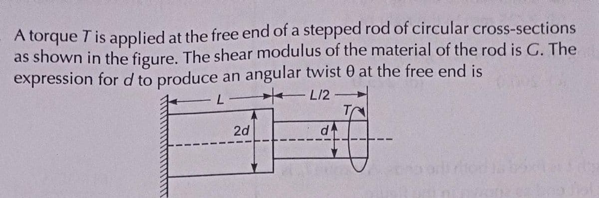 A torque T is applied at the free end of a stepped rod of circular cross-sections
as shown in the figure. The shear modulus of the material of the rod is G. The
expression for d to produce an angular twist 0 at the free end is
-LL/2
2d
d
T