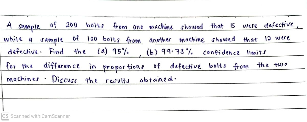 A
sample
of
200
bolts
from One machine showed that 15
were defective
of
12 were
100_bolts from another machine showed that
ca) 95%
while a
sample
defective. Find
the
(b) 99.73 % confidence limits
for the
differen ce in proportions
of defective bolts from the two
machines · Discuss the results
obtained.
CS Scanned with CamScanner
