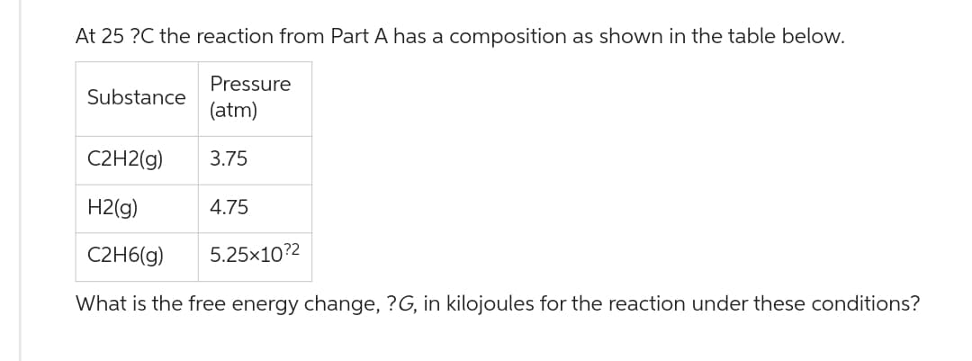 At 25 ?C the reaction from Part A has a composition as shown in the table below.
Substance
Pressure
(atm)
3.75
C2H2(g)
H2(g)
C2H6(g)
5.25x10?2
What is the free energy change, ?G, in kilojoules for the reaction under these conditions?
4.75