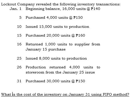 Lockout Company revealed the following inventory transactions:
Jan. 1 Beginning balance, 16,000 units @ P140
5 Purchased 4,000 units @ P150
10
Issued 15,000 units
production
15 Purchased 20,000 units @ P160
16 Returned 1,000 units to supplier from
January 15 purchase
25
Issued 8,000 units to production
26 Production returned 4,000 units
to
storeroom from the January 25 issue
31 Purchased 30,000 units @ P150
What is the cost of the inventory on January 31 using FIFO method?

