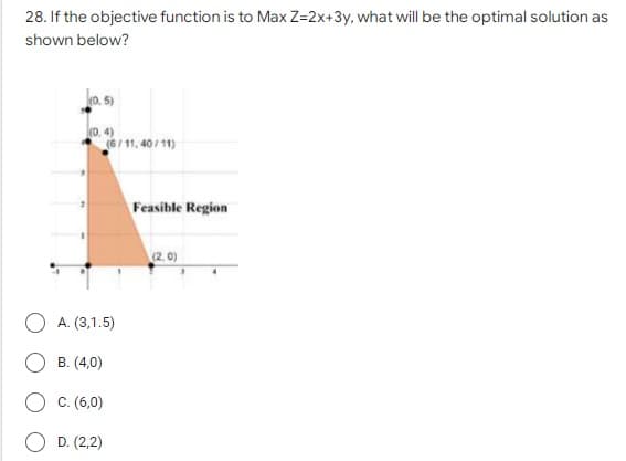 28. If the objective function is to Max Z=2x+3y, what will be the optimal solution as
shown below?
(0.5)
(0,4)
(6/11, 40/11)
A. (3,1.5)
B. (4,0)
C. (6,0)
D. (2,2)
Feasible Region
(2.0)