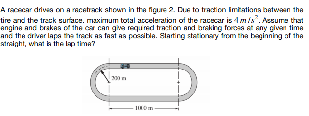 A racecar drives on a racetrack shown in the figure 2. Due to traction limitations between the
tire and the track surface, maximum total acceleration of the racecar is 4 m/s?. Assume that
engine and brakes of the car can give required traction and braking forces at any given time
and the driver laps the track as fast as possible. Starting stationary from the beginning of the
straight, what is the lap time?
200 m
1000 m
