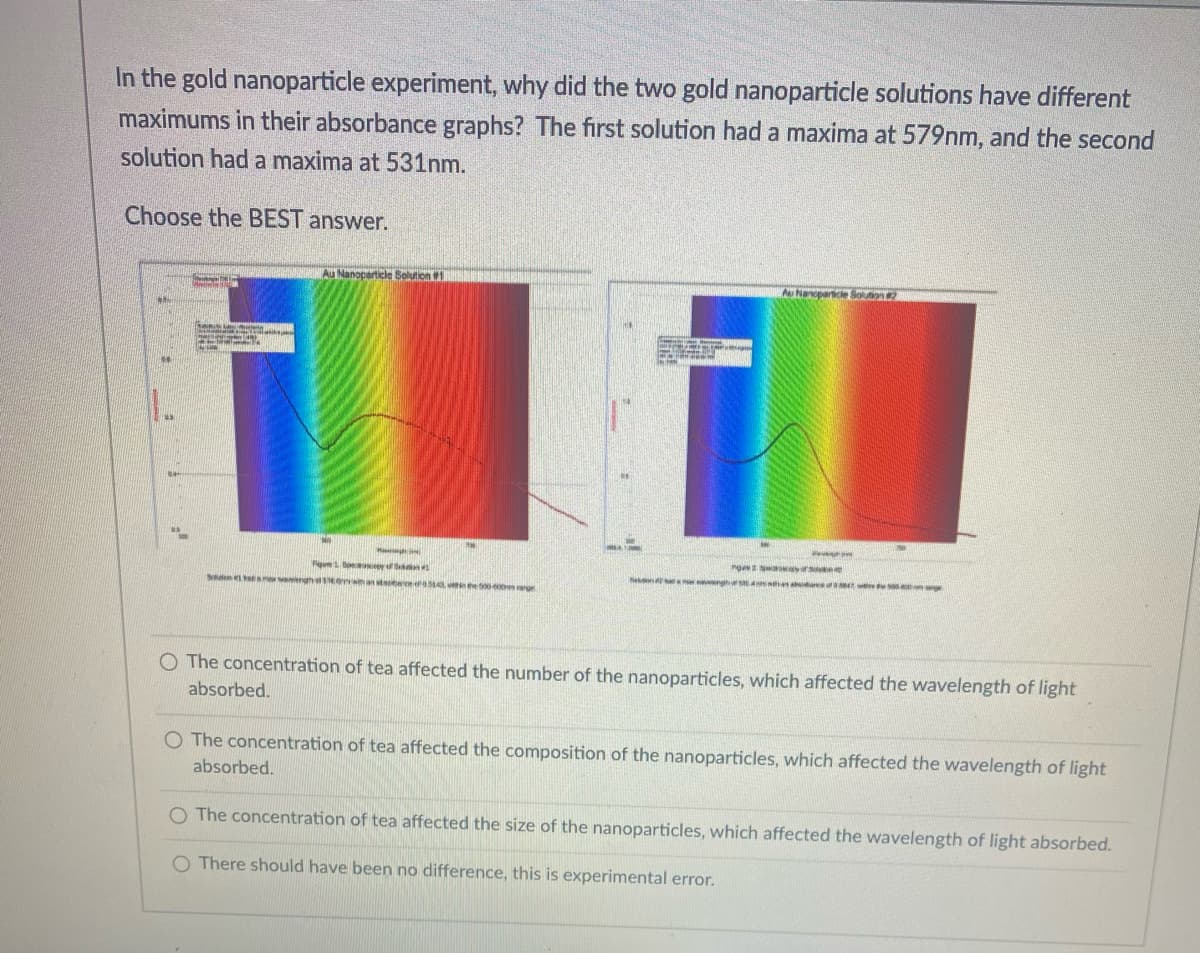 In the gold nanoparticle experiment, why did the two gold nanoparticle solutions have different
maximums in their absorbance graphs? The first solution had a maxima at 579nm, and the second
solution had a maxima at 531nm.
Choose the BEST answer.
Au Nanoparticle Solution1
Au Nancparncie Solunon 2
ng yr e
P1 be y S
Ston teeam ghalE whansttereera u e ong
Ne aa ngh A s w
O The concentration of tea affected the number of the nanoparticles, which affected the wavelength of light
absorbed.
O The concentration of tea affected the composition of the nanoparticles, which affected the wavelength of light
absorbed.
O The concentration of tea affected the size of the nanoparticles, which affected the wavelength of light absorbed.
O There should have been no difference, this is experimental error.
