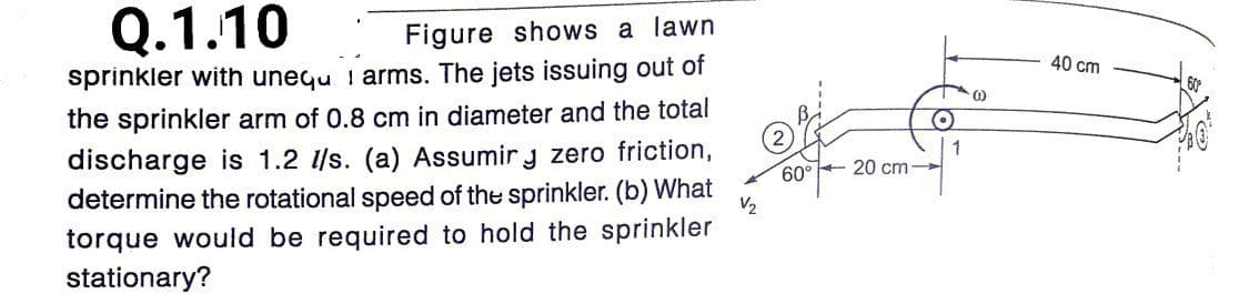 Q.1.10
Figure shows a lawn
40 cm
sprinkler with unequ 1 arms. The jets issuing out of
the sprinkler arm of 0.8 cm in diameter and the total
discharge is 1.2 l/s. (a) Assumir y zero friction,
determine the rotational speed of the sprinkler. (b) What
torque would be required to hold the sprinkler
stationary?
60°
20 cm
V2
