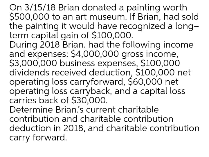 On 3/15/18 Brian donated a painting worth
$500,000 to an art museum. If Brian, had sold
the painting it would have recognized a long-
term capital gain of $100,000.
During 2018 Brian. had the following income
and expenses: $4,000,000 gross income,
$3,000,000 business expenses, $100,000
dividends received deduction, $100,000 net
operating loss carryforward, $60,000 net
operating loss carryback, and a capital loss
carries back of $30,000.
Determine Brian's current charitable
contribution and charitable contribution
deduction in 2018, and charitable contribution
carry forward.

