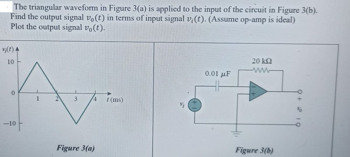 The triangular waveform in Figure 3(a) is applied to the input of the circuit in Figure 3(b).
Find the output signal vo(t) in terms of input signal v;(t). (Assume op-amp is ideal)
Plot the output signal vo(t).
v,(1) A
10
20 kQ
0.01 µF
1
4
t (ms)
-10
Figure 3(a)
Figure 3(b)
