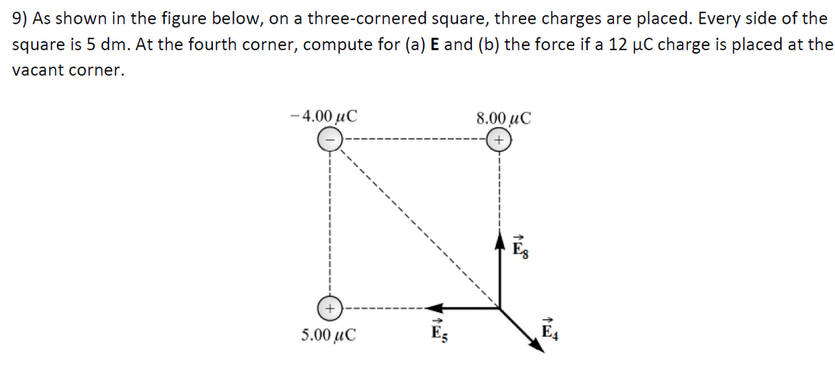 9) As shown in the figure below, on a three-cornered square, three charges are placed. Every side of the
square is 5 dm. At the fourth corner, compute for (a) E and (b) the force if a 12 µC charge is placed at the
vacant corner.
-4.00 µC
8.00 µC
5.00 иC
E4
