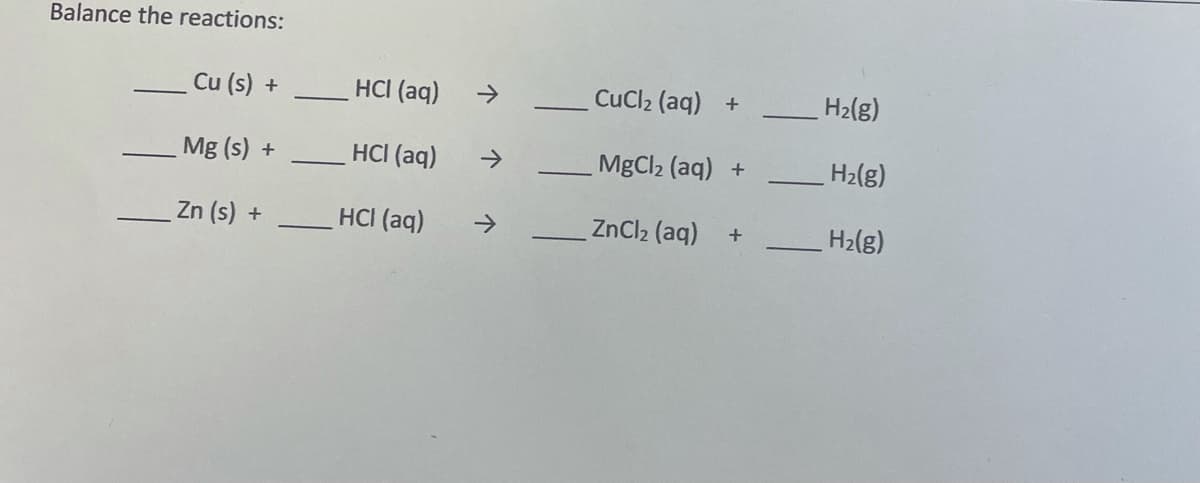 Balance the reactions:
Cu (s) +
HCI (aq)
->
CuCl2 (aq) +
H2(g)
Mg (s) +
HCI (aq)
->
MgCl2 (aq) +
H2(g)
Zn (s) +
HCI (aq)
->
ZnCl2 (aq)
H2(g)
