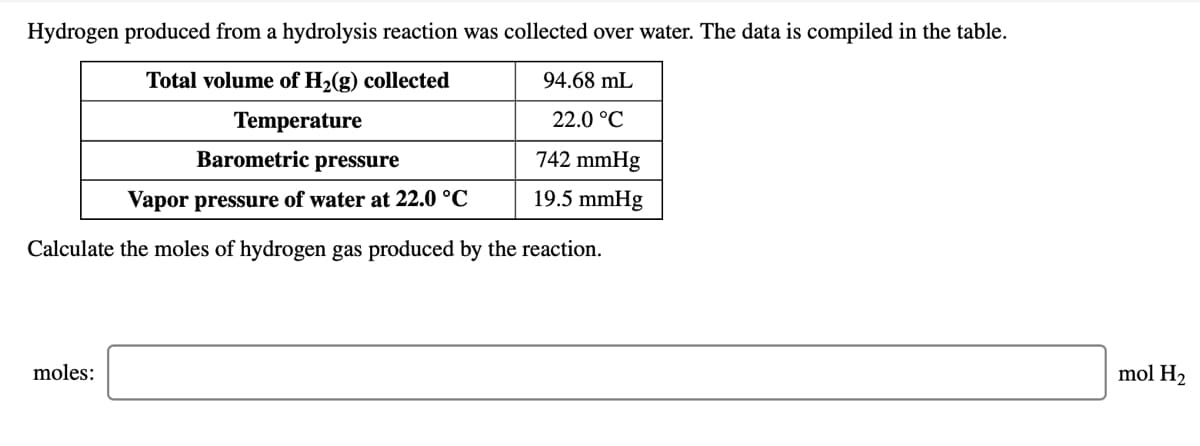 Hydrogen produced from a hydrolysis reaction was collected over water. The data is compiled in the table.
Total volume of H2(g) collected
94.68 mL
Temperature
22.0 °C
Barometric pressure
742 mmHg
Vapor pressure of water at 22.0 °C
19.5 mmHg
Calculate the moles of hydrogen gas produced by the reaction.
moles:
mol H2
