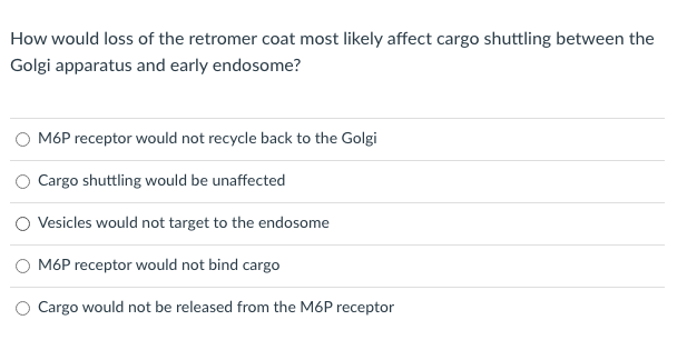 How would loss of the retromer coat most likely affect cargo shuttling between the
Golgi apparatus and early endosome?
M6P receptor would not recycle back to the Golgi
Cargo shuttling would be unaffected
Vesicles would not target to the endosome
M6P receptor would not bind cargo
Cargo would not be released from the M6P receptor
