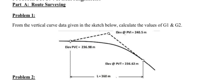 Part A: Route Surveying
Problem 1:
From the vertical curve data given in the sketch below, calculate the values of Gl & G2.
Elev@ PVI = 240.5m
Problem 2:
Elev PVC = 236.98 m
Elev @ PVT=236.62 m
L= 360 m