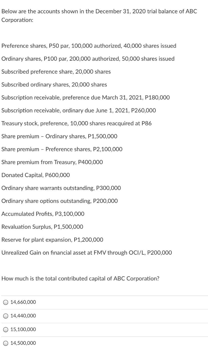 Below are the accounts shown in the December 31, 2020 trial balance of ABC
Corporation:
Preference shares, P50 par, 100,000 authorized, 40,000 shares issued
Ordinary shares, P100 par, 200,000 authorized, 50,000 shares issued
Subscribed preference share, 20,000 shares
Subscribed ordinary shares, 20,000 shares
Subscription receivable, preference due March 31, 2021, P180,000
Subscription receivable, ordinary due June 1, 2021, P260,000
Treasury stock, preference, 10,000 shares reacquired at P86
Share premium Ordinary shares, P1,500,000
Share premium - Preference shares, P2,100,000
Share premium from Treasury, P400,000
Donated Capital, P600,000
Ordinary share warrants outstanding, P300,000
Ordinary share options outstanding, P200,000
Accumulated Profits, P3,100,000
Revaluation Surplus, P1,500,000
Reserve for plant expansion, P1,200,000
Unrealized Gain on financial asset at FMV through OCI/L, P200,000
How much is the total contributed capital of ABC Corporation?
O 14,660,000
14,440,000
15,100,000
O 14,500,000
