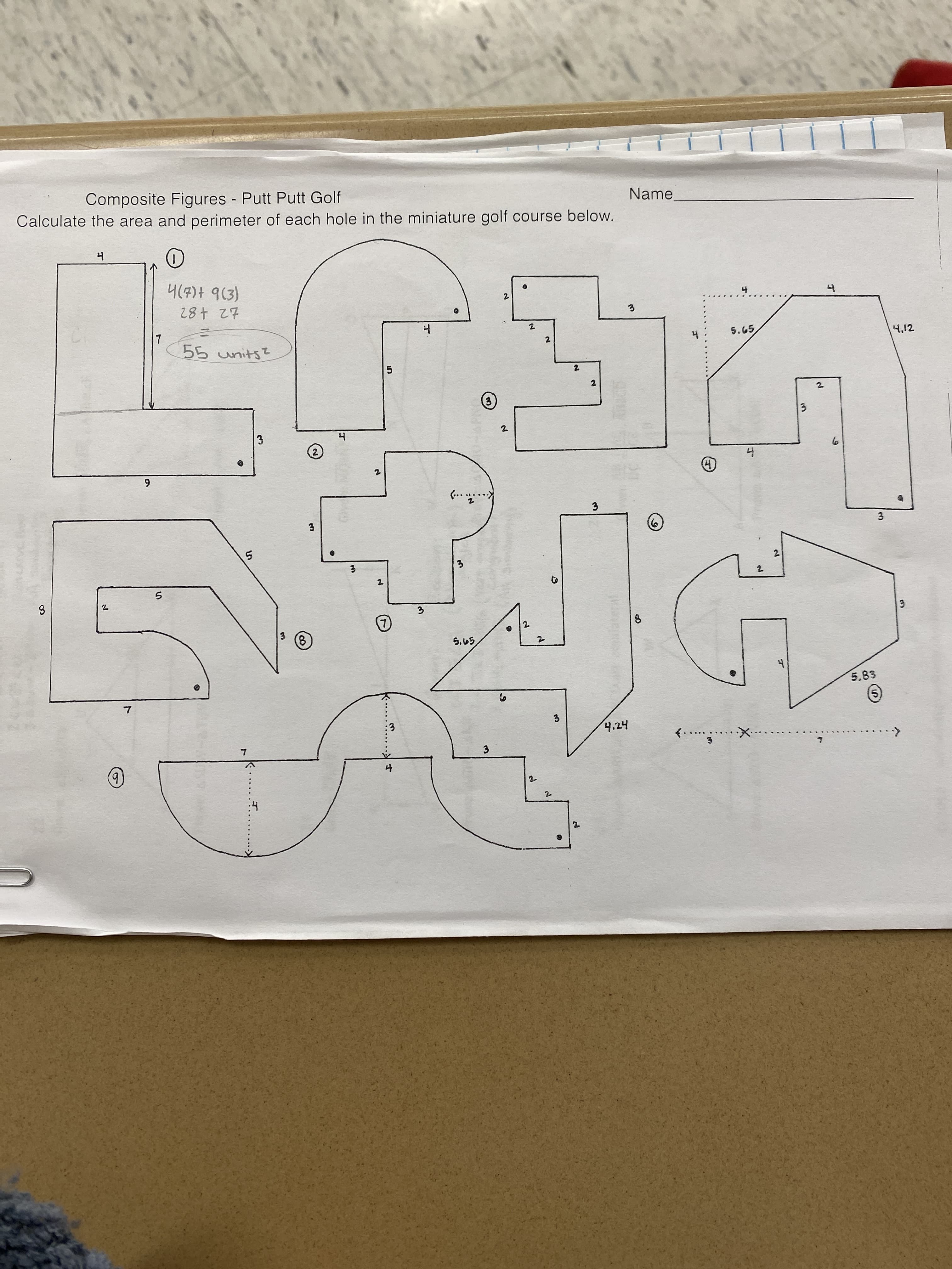 Composite Figures - Putt Putt Golf
Name
Calculate the area and perimeter of each hole in the miniature golf course below.
3.
£2 +82
5.65
4,12
55 units?
5.
2.
3.
(....
3.
.5,
5.83
5)
3.
4.24
<....
3.
(b)
