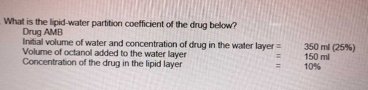 What is the lipid-water partition coefficient of the drug below?
Drug AMB
Initial volume of water and concentration of drug in the water layer =
Volume of octanol added to the water layer
Concentration of the drug in the lipid layer
350 ml (25%)
150 ml
10%
II ||||
