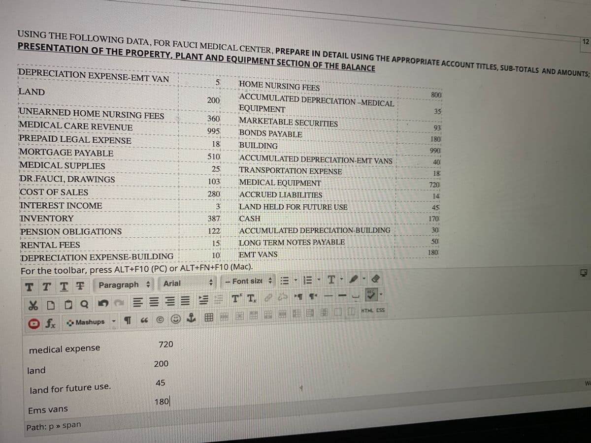 USING THE FOLLOWING DATA, FOR FAUCI MEDICAL CENTER, PREPARE IN DETAIL USING THE APPROPRIATE ACCOUNT TITLES, SUB-TOTALS AND AMOUNTS;
12
PRESENTATION OF THE PROPERTY, PLANT AND EQUIPMENT SECTION OF THE BALANCE
DEPRECIATION EXPENSE-EMT VAN
5
HOME NURSING FEES
LAND
ACCUMULATED DEPRECIATION -MEDICAL
800
200
EQUIPMENT
MARKETABLE SECURITIES
UNEARNED HOME NURSING FEES
35
360
MEDICAL CARE REVENUE
93
995
BONDS PAYABLE
PREPAID LEGAL EXPENSE
180
18
BUILDING
MORTGAGE PAYABLE
990
510
ACCUMULATED DEPRECIATION-EMT VANS
MEDICAL SUPPLIES
40
25
TRANSPORTATION EXPENSE
18
DR.FAUCI, DRAWINGS
103
MEDICAL EQUIPMENT
720
COST OF SALES
280
ACCRUED LIABILITIES
14
INTEREST INCOME
3
LAND HELD FOR FUTURE USE
45
INVENTORY
387
CASH
170
PENSION OBLIGATIONS
122
ACCUMULATED DEPRECIATION-BUILDING
30
RENTAL FEES
15
LONG TERM NOTES PAYABLE
50
10
EMT VANS
180
DEPRECIATION EXPENSE-BUILDING
For the toolbar, press ALT+F10 (PC) or ALT+FN+F10 (Mac).
Font size E
= - E · T -
T TTT
Paragraph
Arial
ABC
三= == =
田
T T.
f. Mashups
720
medical expense
200
land
45
Wo
land for future use.
180
Ems vans
Path: p » span
