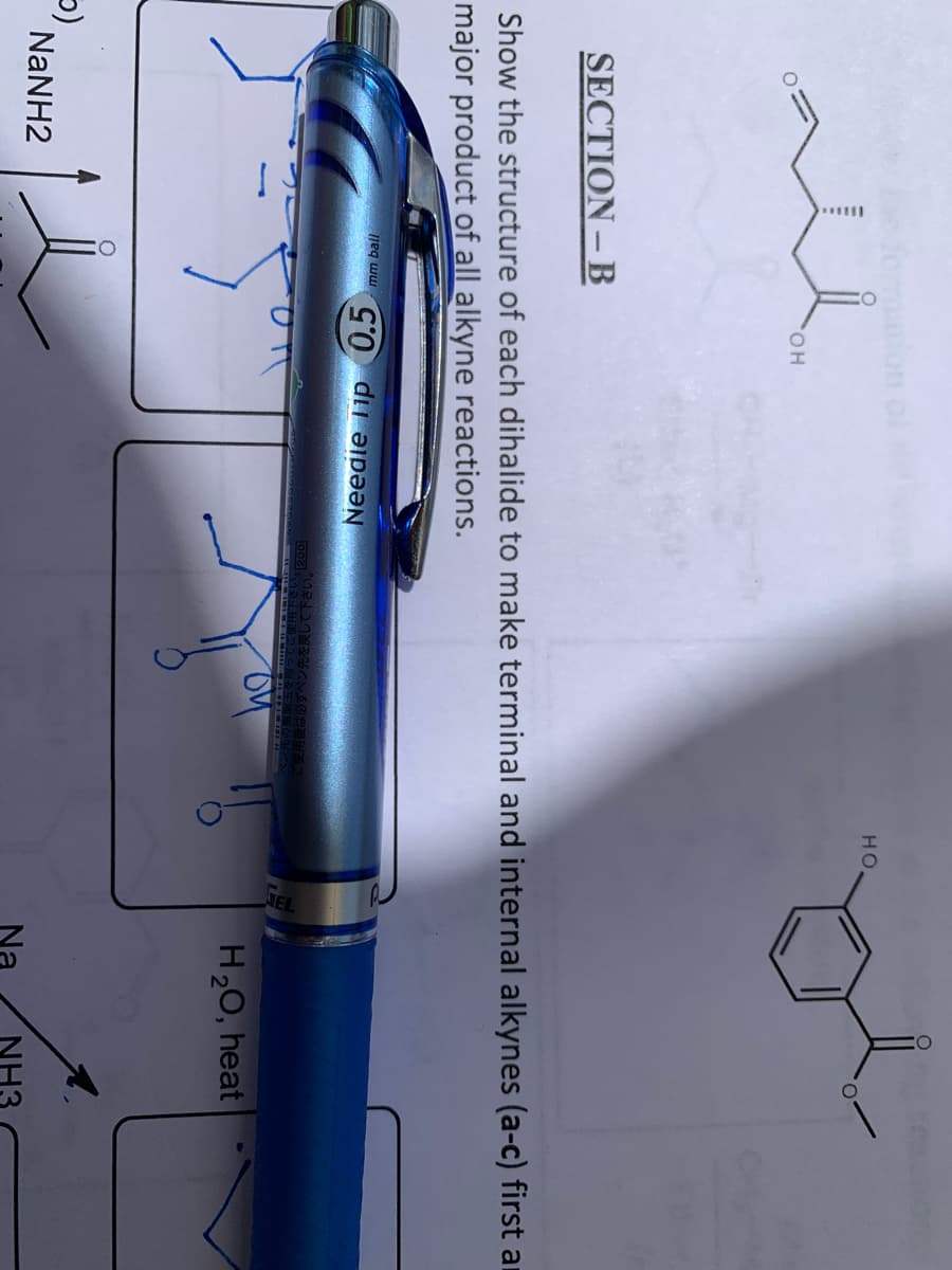 HO
SECTION- B
Show the structure of each dihalide to make terminal and internal alkynes (a-c) first ar
major product of all alkyne reactions.
jeq wu
Needie Tip 0.5 mm an
002
H20, heat
(c
NaNH2
NH3
